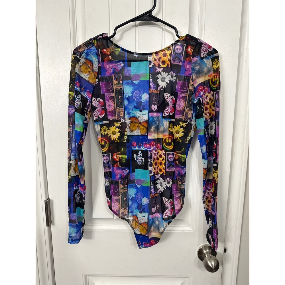 Parade Mesh Bodysuit Long Sleeve Tarot Card Sunflower Graphic Print V-Neck Multi